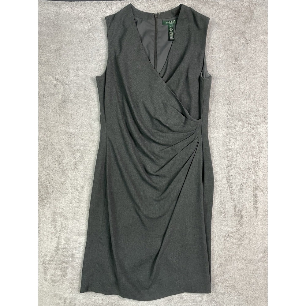 Lauren Ralph Lauren Dress Womens 12 Gray Faux Wrap Sleeveless Ruched Sheath Work